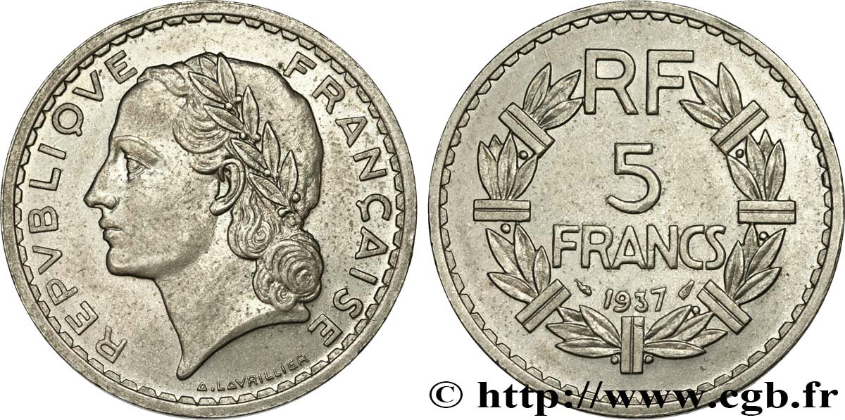 5 francs Lavrillier, nickel 1937  F.336/6 TTB54 