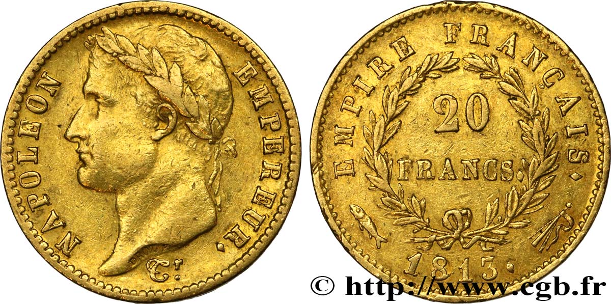 20 francs or Napoléon tête laurée, Empire français 1813 Utrecht F.516/37 XF48 