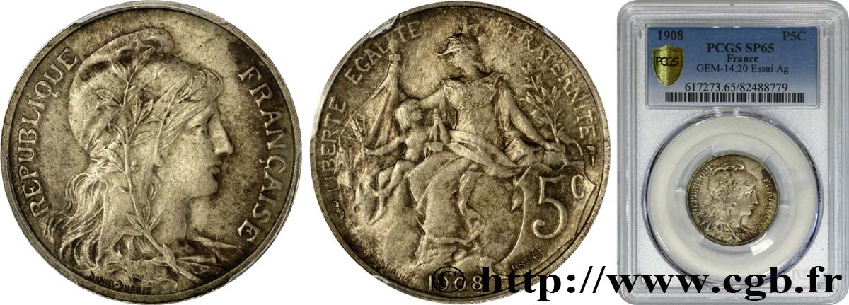 Essai de 5 centimes Daniel-Dupuis, flan en argent 1908  GEM.14 20 MS65 PCGS