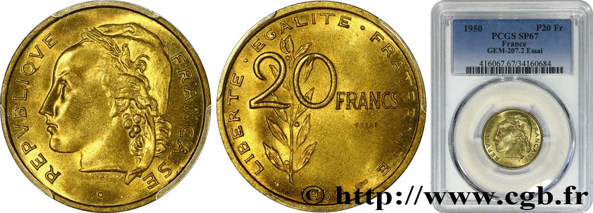 Essai du concours de 20 francs par Guzman 1950 Paris GEM.207 2 ST67 PCGS