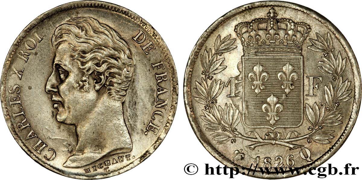 1 franc Charles X, matrice du revers à cinq feuilles 1826 Perpignan F.207/22 VZ58 