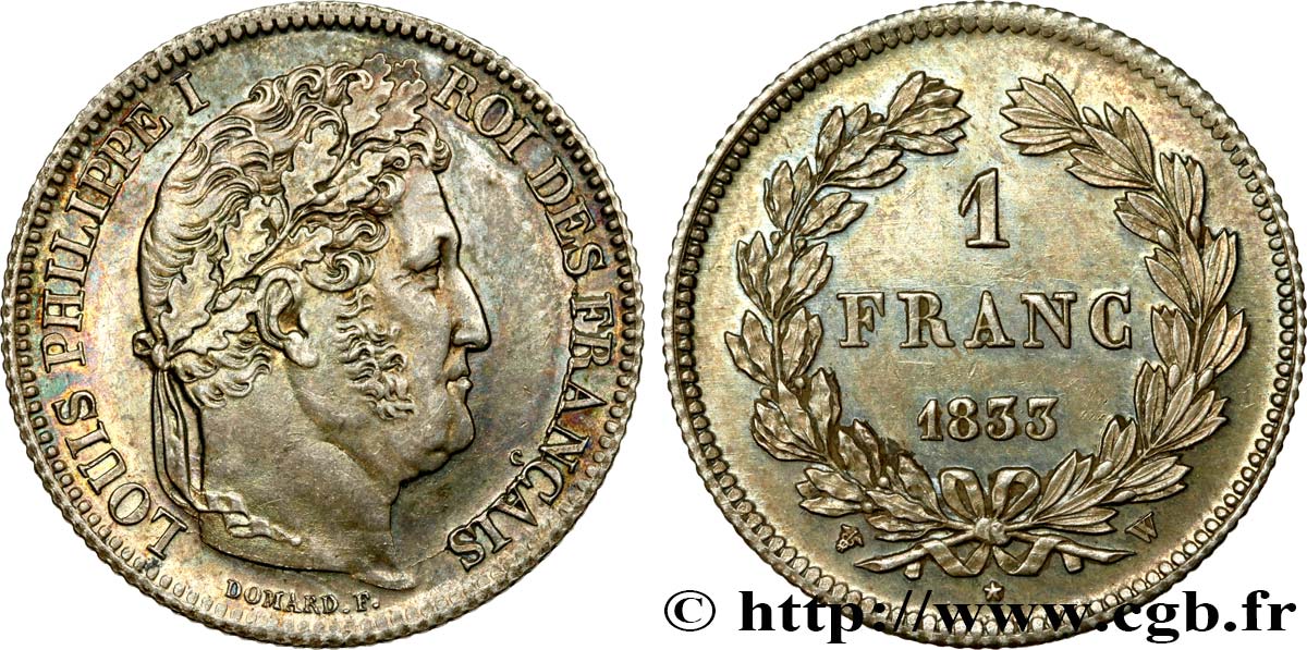 1 franc Louis-Philippe, couronne de chêne 1833 Lille F.210/26 AU58 