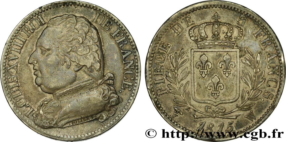 5 francs Louis XVIII, buste habillé 1815 Lille F.308/31 SS48 