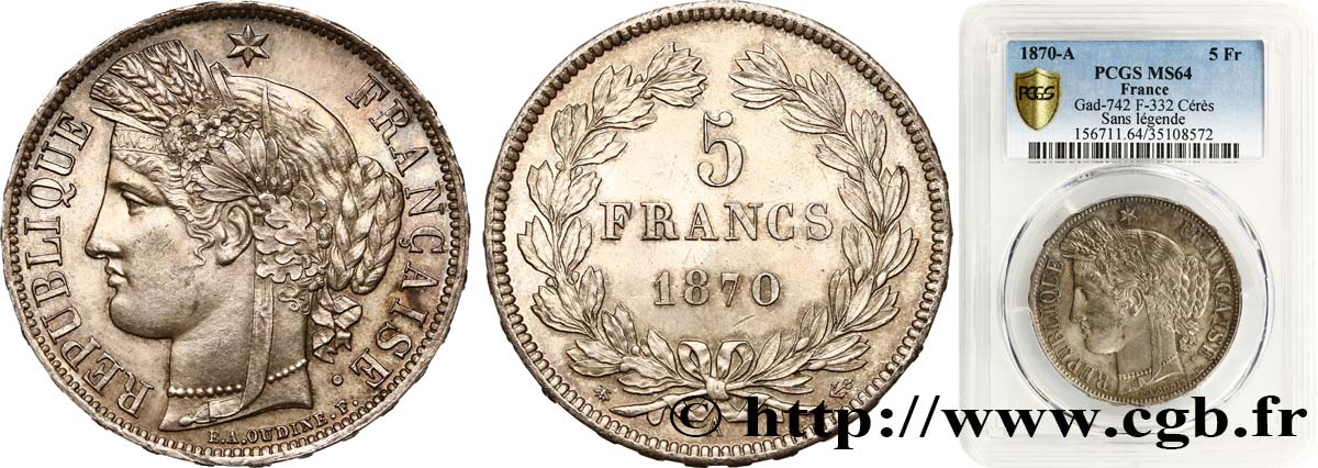 5 francs Cérès, sans légende 1870 Paris F.332/1 MS64 PCGS