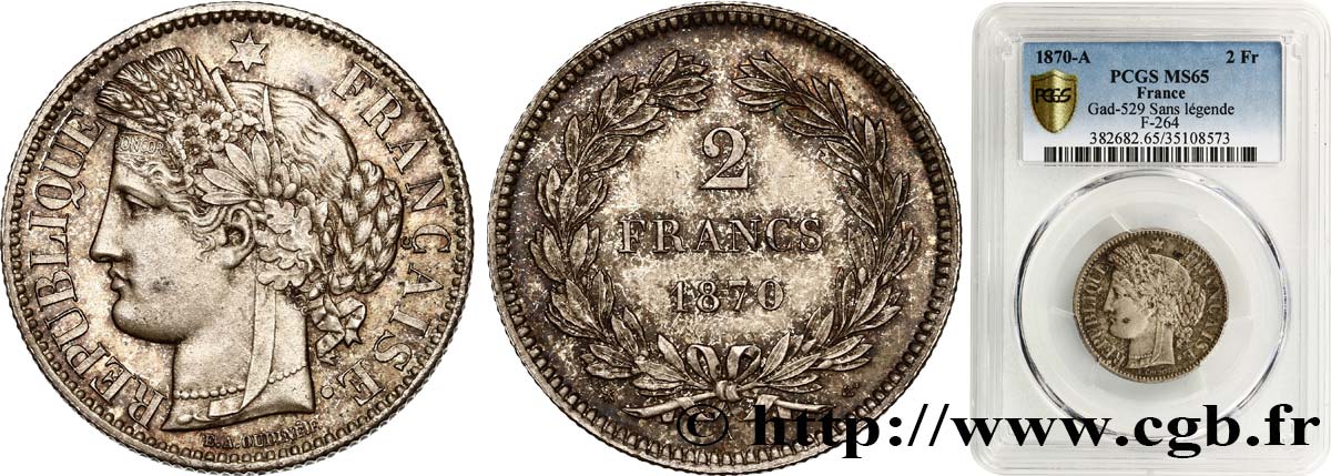 2 francs Cérès, sans légende 1870  Paris F.264/1 MS65 PCGS