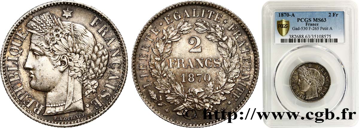 2 francs Cérès, avec légende 1870 Paris F.265/2 SC63 PCGS