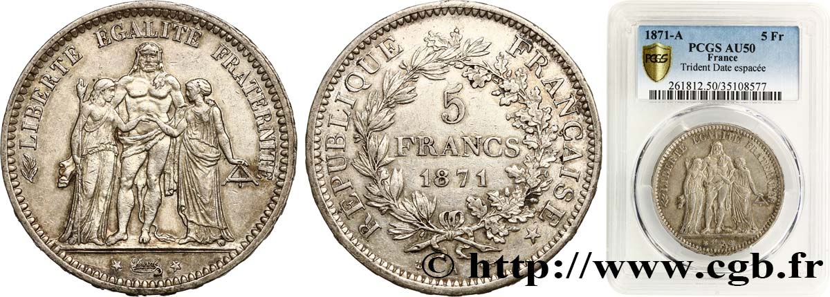 5 francs Hercule, dite “Camélinat” 1871 Paris F.334/4 BB50 PCGS