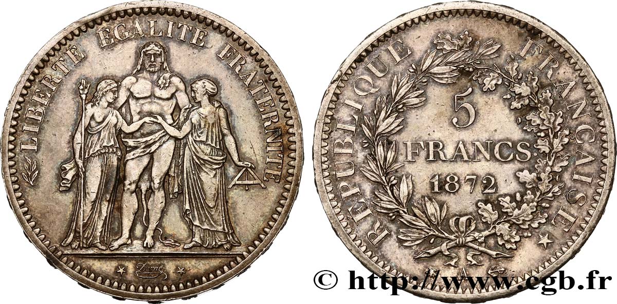 5 francs Hercule, Petites étoiles 1872 Paris F.334/7 AU53 