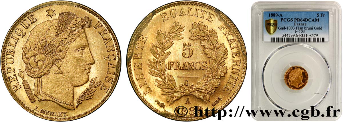 5 francs Cérès, Troisième république 1889 Paris F.503/2 SC64 PCGS