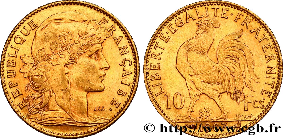 10 francs or Coq 1907 Paris F.509/8 EBC58 