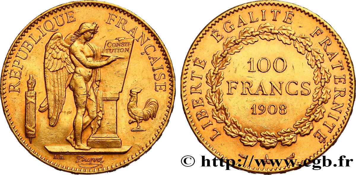 100 francs or Génie, tranche inscrite en relief liberté égalité fraternité 1908 Paris F.553/2 TTB52 