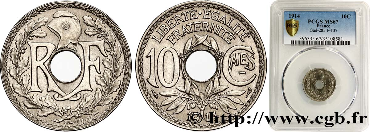 10 centimes Lindauer, Cmes souligné 1914 Paris F.137/2 FDC67 PCGS