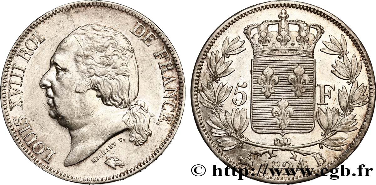 5 francs Louis XVIII, tête nue 1824 Rouen F.309/89 TTB50 