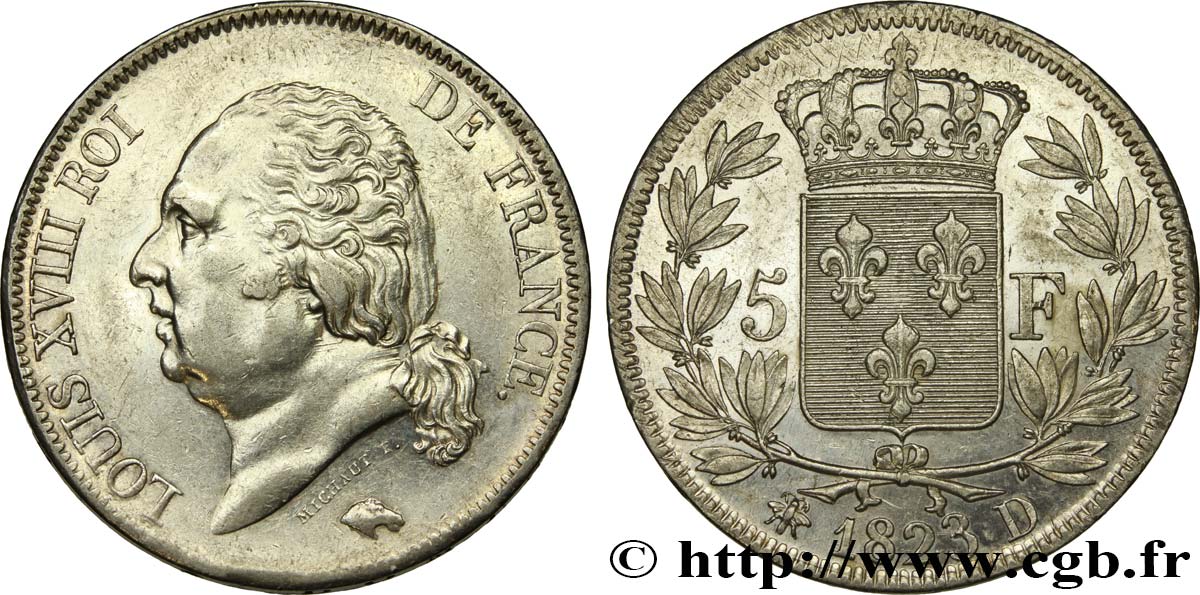 5 francs Louis XVIII, tête nue 1823 Lyon F.309/79 AU55 