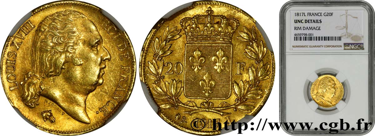 20 francs or Louis XVIII, tête nue 1817 Bayonne F.519/7 SPL+ NGC