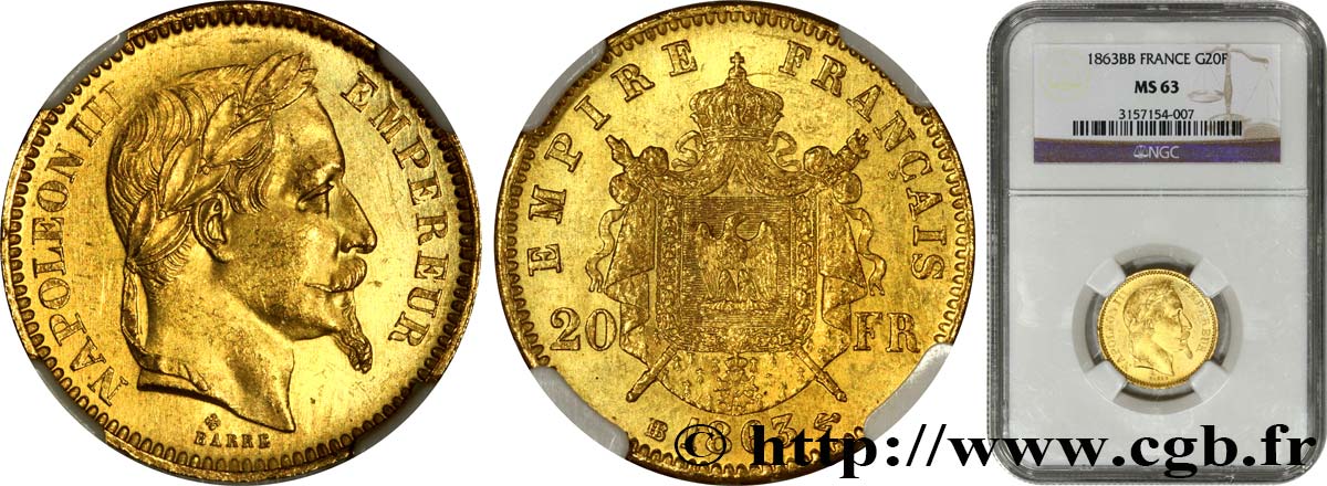 20 francs or Napoléon III, tête laurée 1863 Strasbourg F.532/7 MS63 NGC