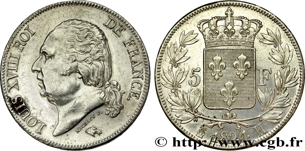 5 francs Louis XVIII, tête nue 1824 La Rochelle F.309/91 VZ 