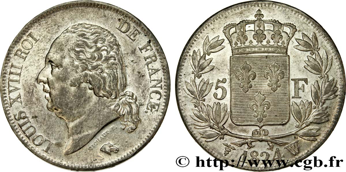 5 francs Louis XVIII, tête nue 1824 Lille F.309/98 SPL55 
