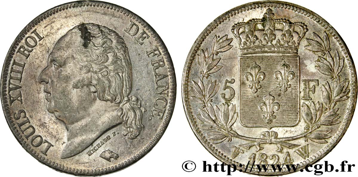 5 francs Louis XVIII, tête nue 1824 Lille F.309/98 SUP55 