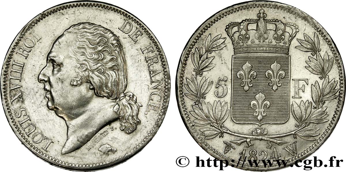 5 francs Louis XVIII, tête nue 1824 Lille F.309/98 SUP 