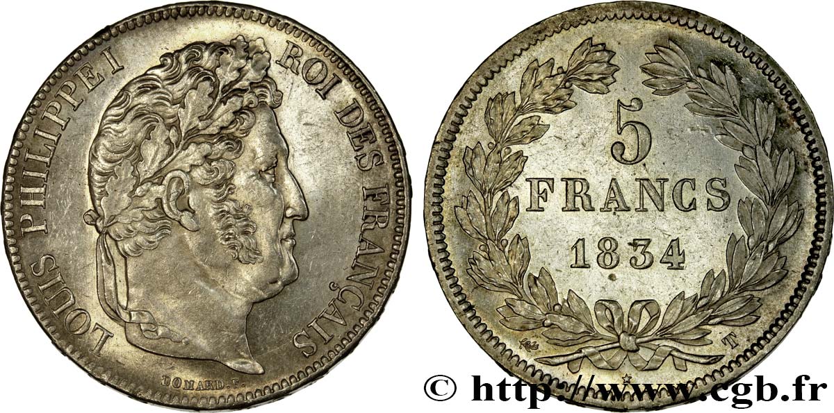 5 francs IIe type Domard 1834 Nantes F.324/40 VZ58 