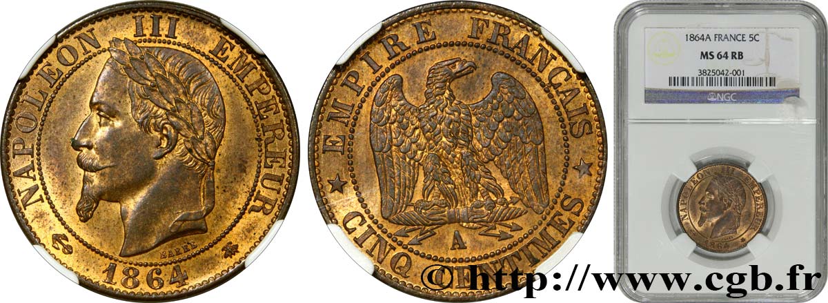 Cinq centimes Napoléon III, tête laurée 1864 Paris F.117/13 SC64 NGC