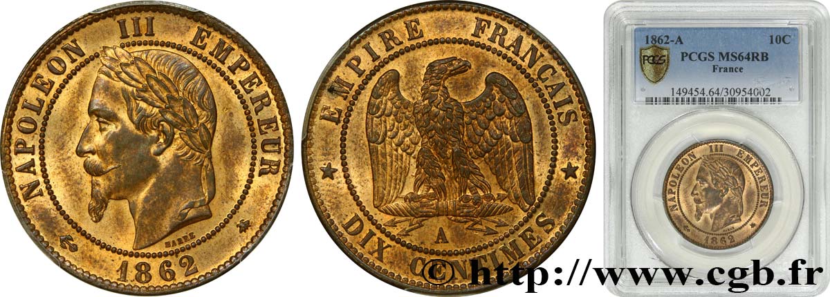 Dix centimes Napoléon III, tête laurée 1862 Paris F.134/7 SC64 PCGS