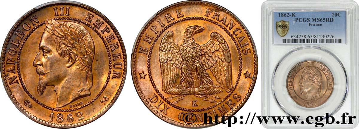 Dix centimes Napoléon III, tête laurée 1862 Bordeaux F.134/9 ST65 PCGS