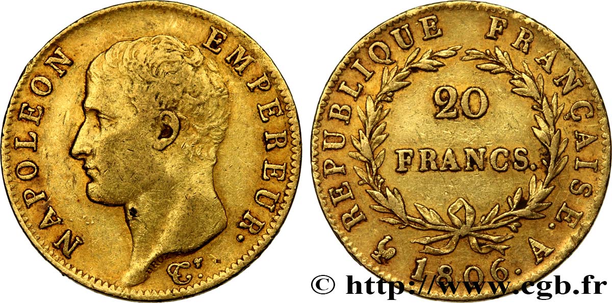 20 francs or Napoléon tête nue, Calendrier grégorien 1806 Paris F.513/1 XF45 