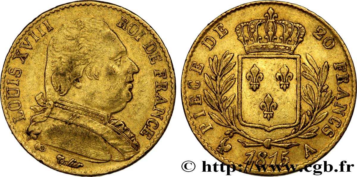 20 francs or Louis XVIII, buste habillé 1815 Paris F.517/10 SS48 