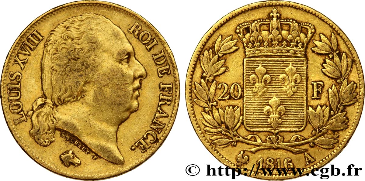 20 francs or Louis XVIII, tête nue 1816 Paris F.519/1 TB35 