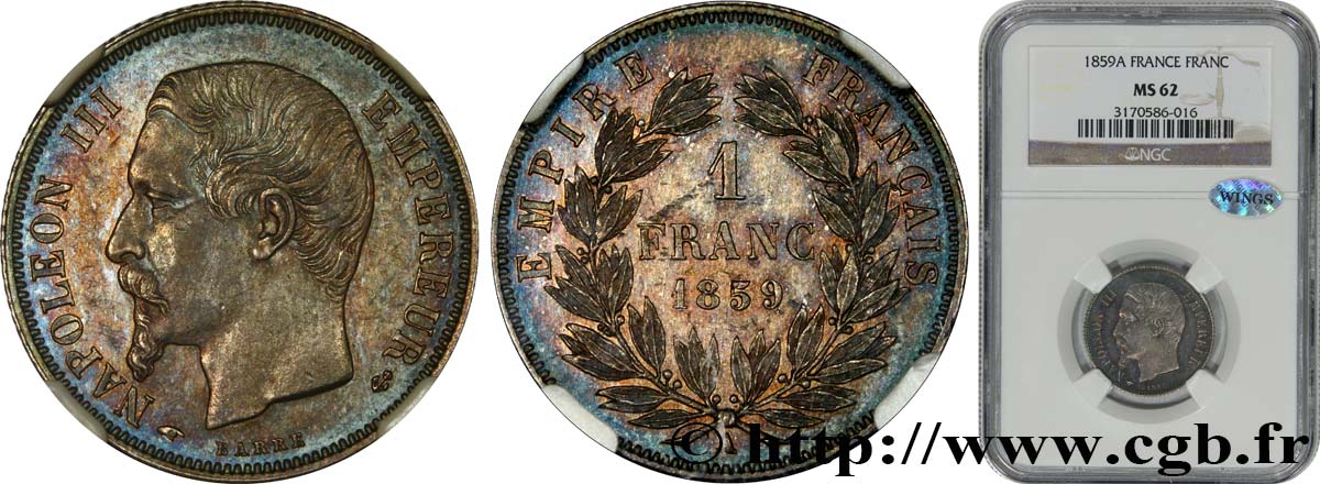 1 franc Napoléon III, tête nue 1859 Paris F.214/12 VZ62 NGC