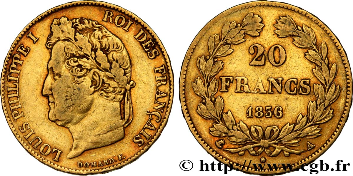 20 francs or Louis-Philippe, Domard 1836 Paris F.527/14 S35 