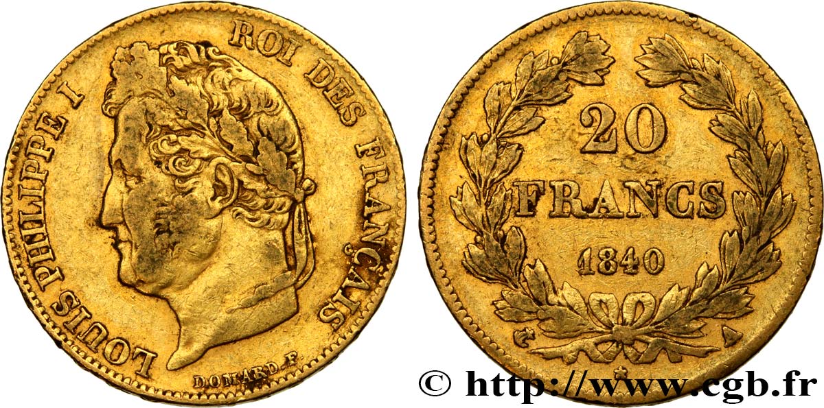 20 francs or Louis-Philippe, Domard 1840 Paris F.527/22 S35 