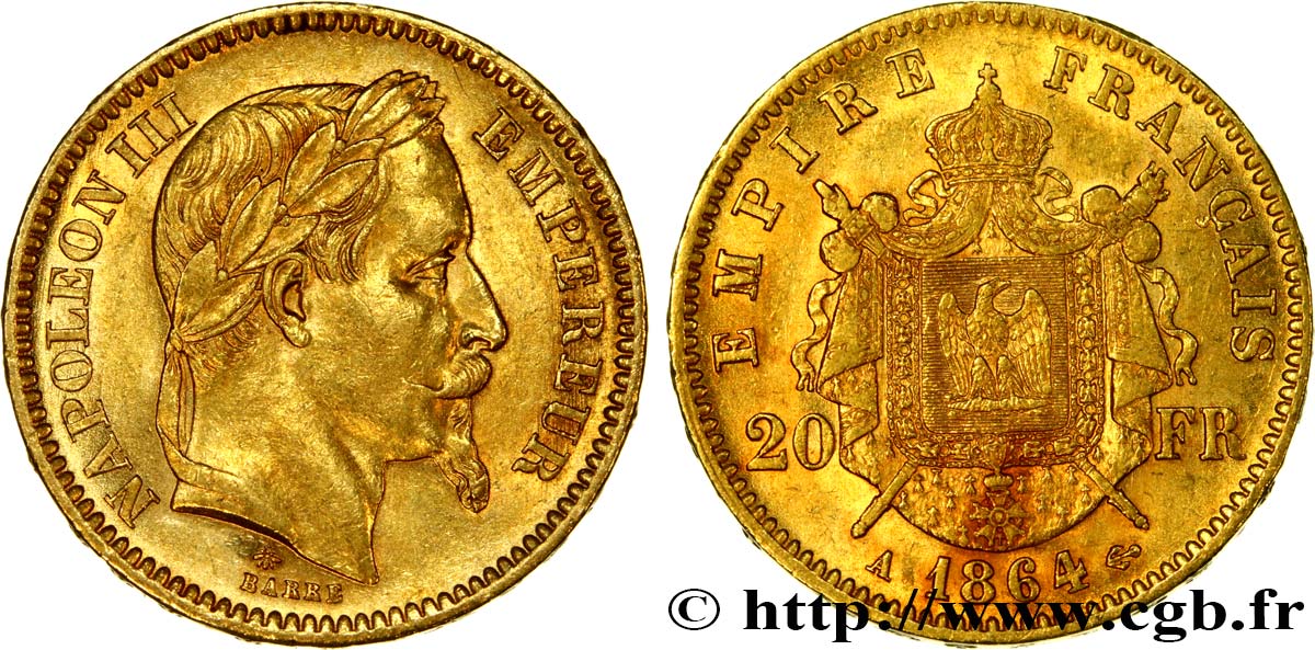 20 francs or Napoléon III, tête laurée 1864 Paris F.532/8 TTB50 