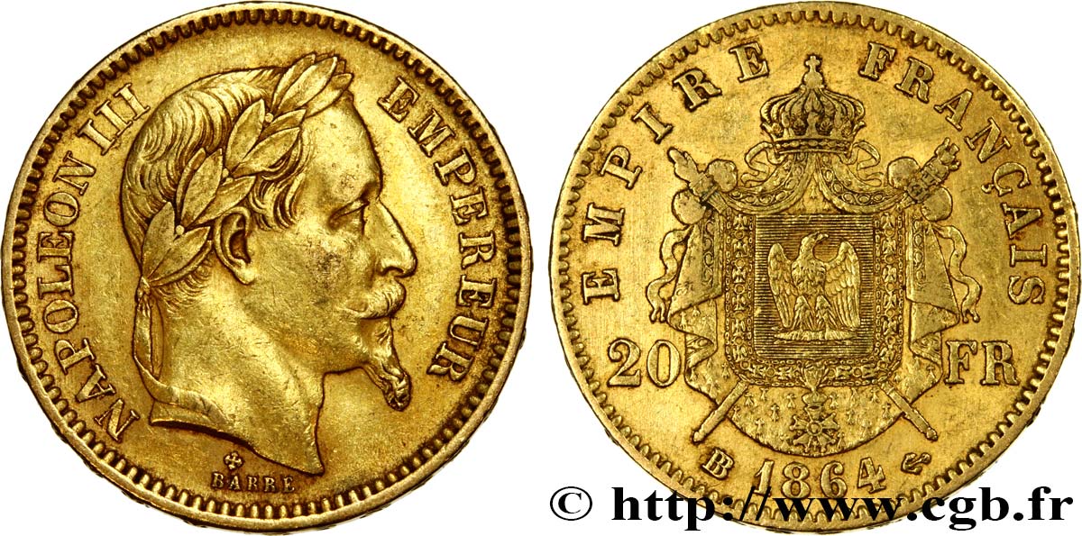 20 francs or Napoléon III, tête laurée, grand BB 1864 Strasbourg F.532/10 BB48 