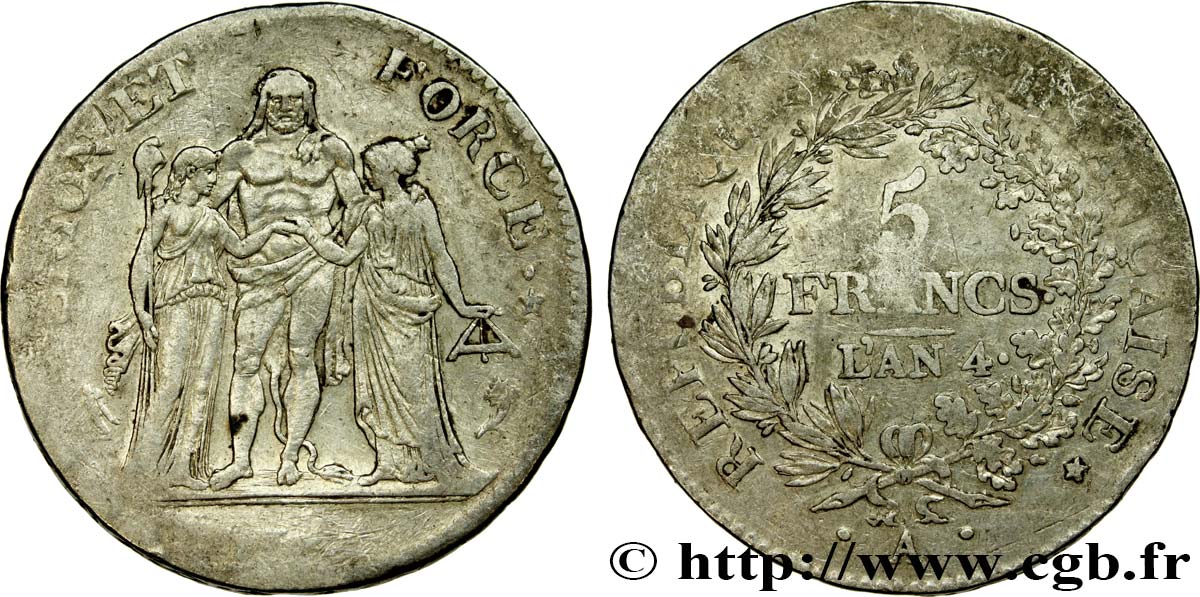 5 francs Union et Force, Union serré, avec glands intérieurs et gland extérieur 1796 Paris F.288/1 BC28 