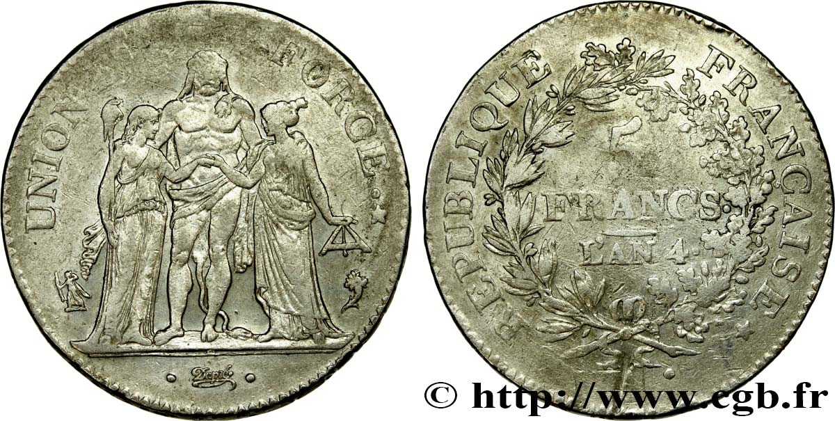 5 francs Union et Force, Union serré, avec glands intérieurs et gland extérieur 1796 Paris F.288/1 VF 