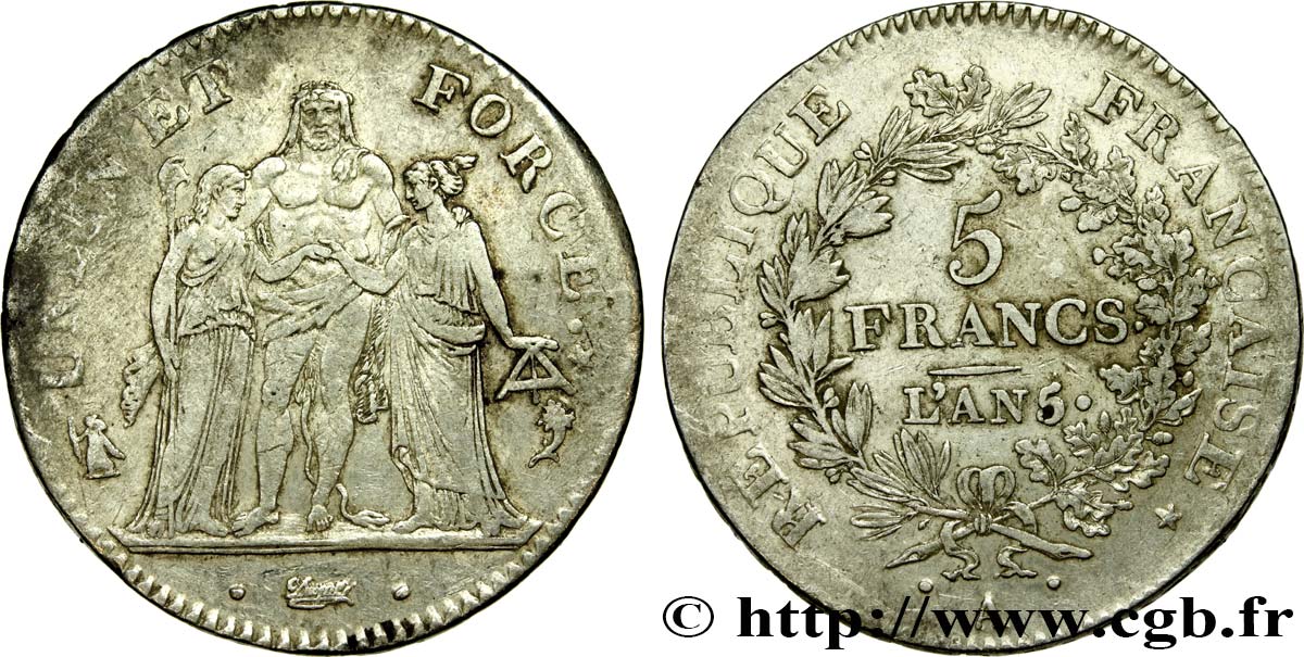 5 francs Union et Force, Union desserré, avec glands intérieurs et gland extérieur 1797 Paris F.291/3 MBC 