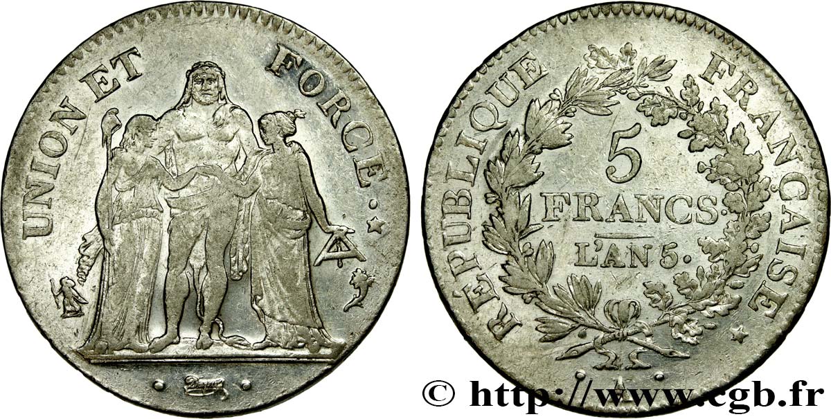 5 francs Union et Force, Union serré, avec glands intérieurs et gland extérieur 1797 Paris F.288/4 XF 