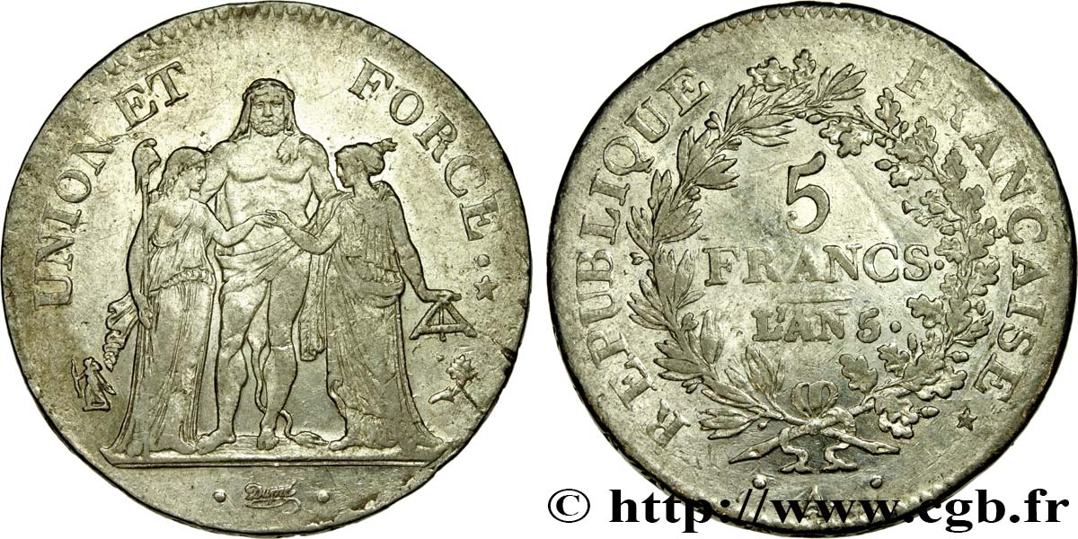 5 francs Union et Force, Union serré, avec glands intérieurs et gland extérieur 1797 Paris F.288/4 SS 