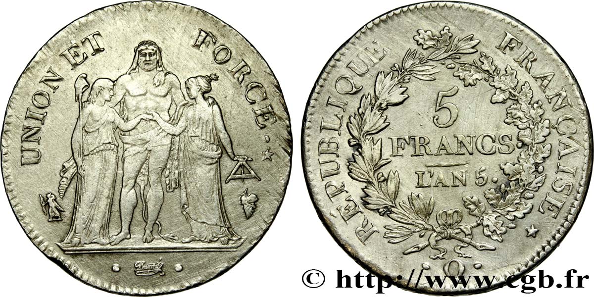 5 francs Union et Force, Union serré, seulement gland extérieur 1797 Perpignan F.288/26 MBC 