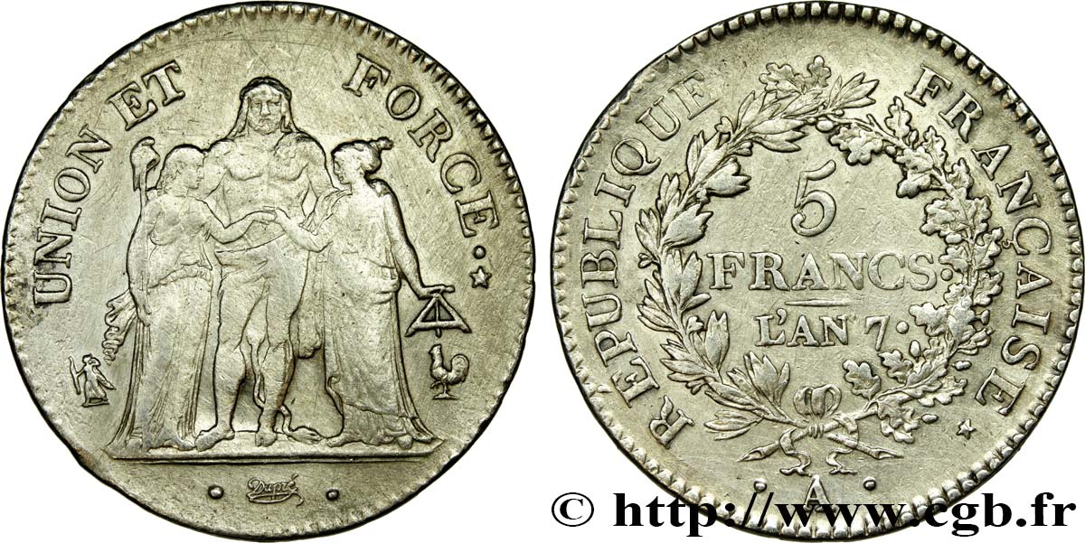 5 francs Union et Force, Union serré, seulement gland extérieur 1799 Paris F.288/98 MBC 