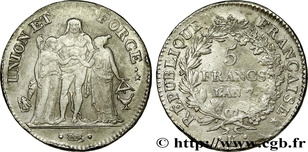 5 francs Union et Force, Union serré, avec glands intérieurs et gland extérieur 1799 Bordeaux F.288/108 TB 