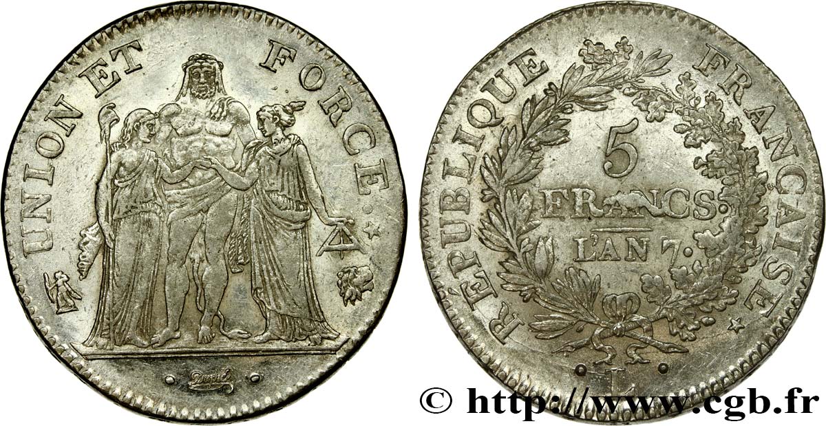 5 francs Union et Force, Union desserré, avec glands intérieurs et gland extérieur 1799 Bayonne F.291/26 SUP 