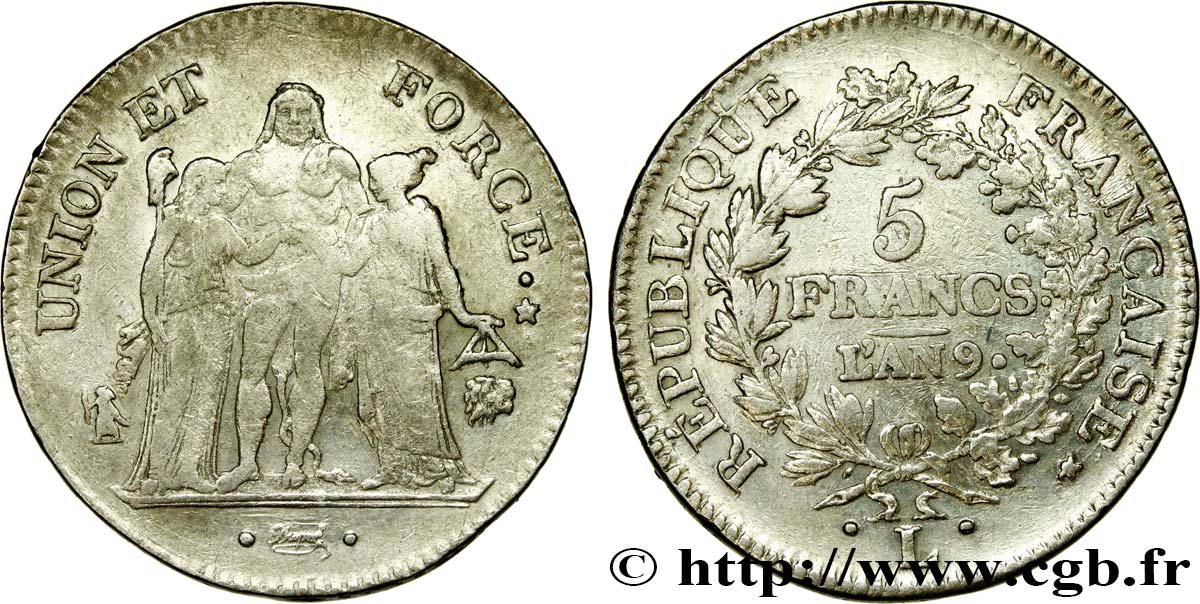 5 francs Union et Force, Union serré, avec glands intérieurs et gland extérieur 1801 Bayonne F.288/161 VF 