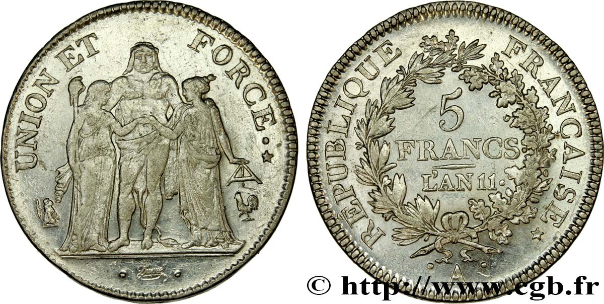 5 francs Union et Force, Union serré, seulement glands intérieurs 1803 Paris F.288/187 fVZ 
