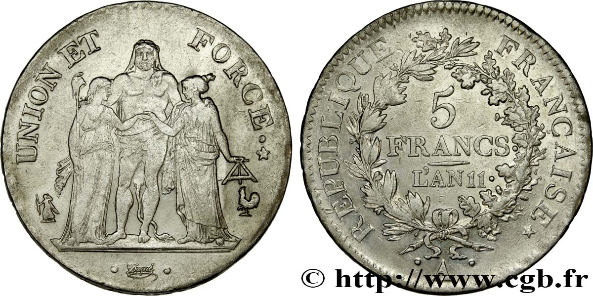 5 francs Union et Force, Union serré, seulement glands intérieurs 1803 Paris F.288/187 SS 