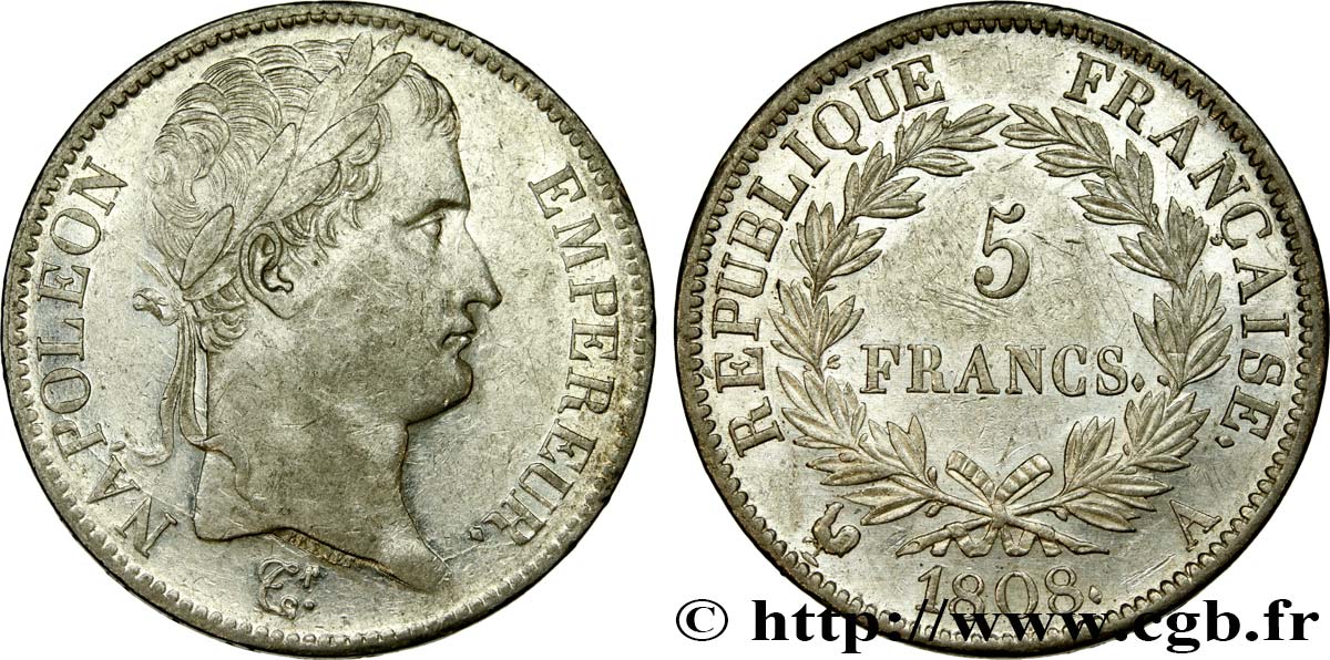 5 francs Napoléon Empereur, République française 1808 Paris F.306/2 q.SPL 