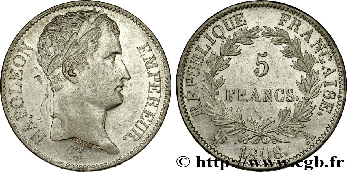 5 francs Napoléon Empereur, République française 1808 Paris F.306/2 q.SPL 